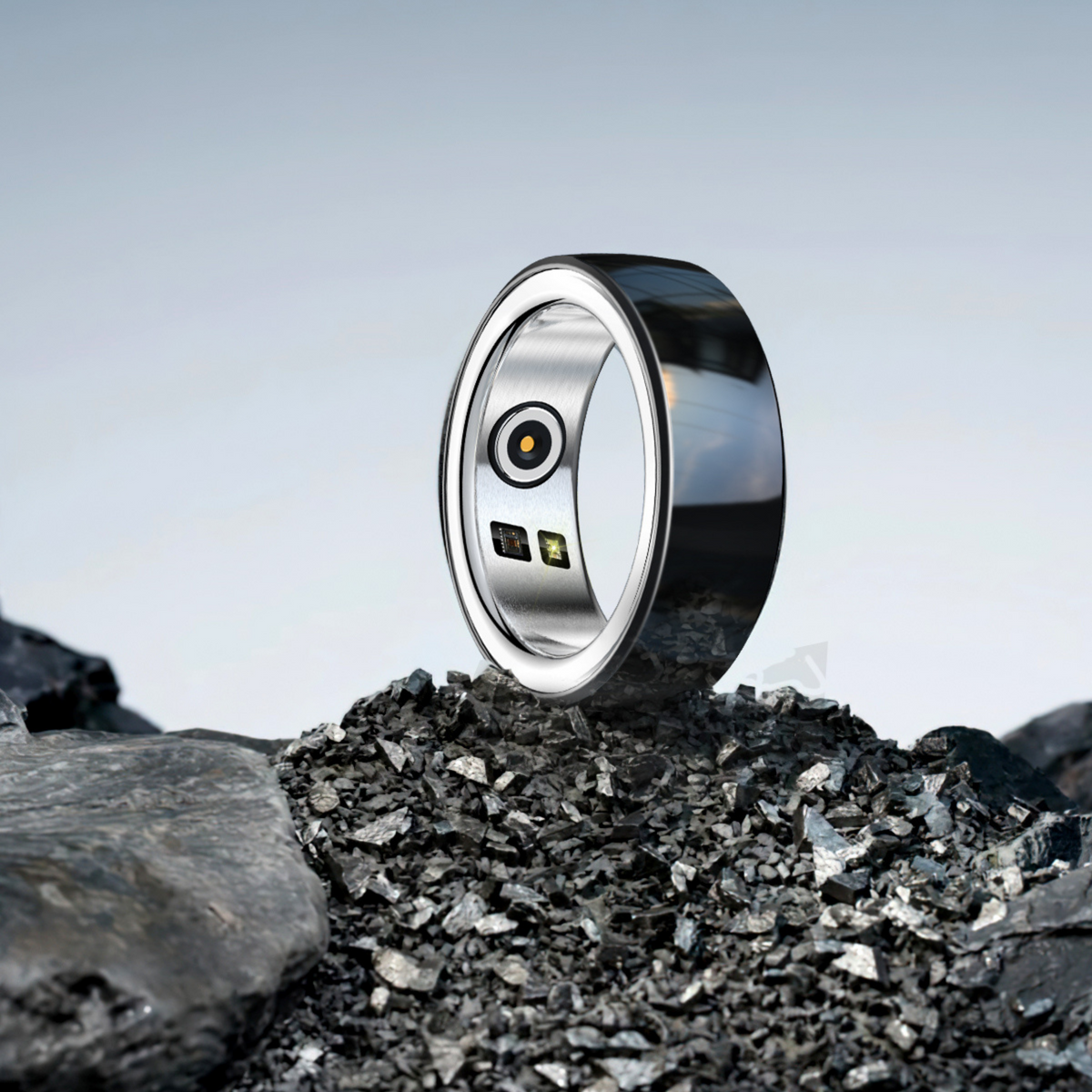 Black Blood Pressure Smart Ring on rocks – VitalityWatch