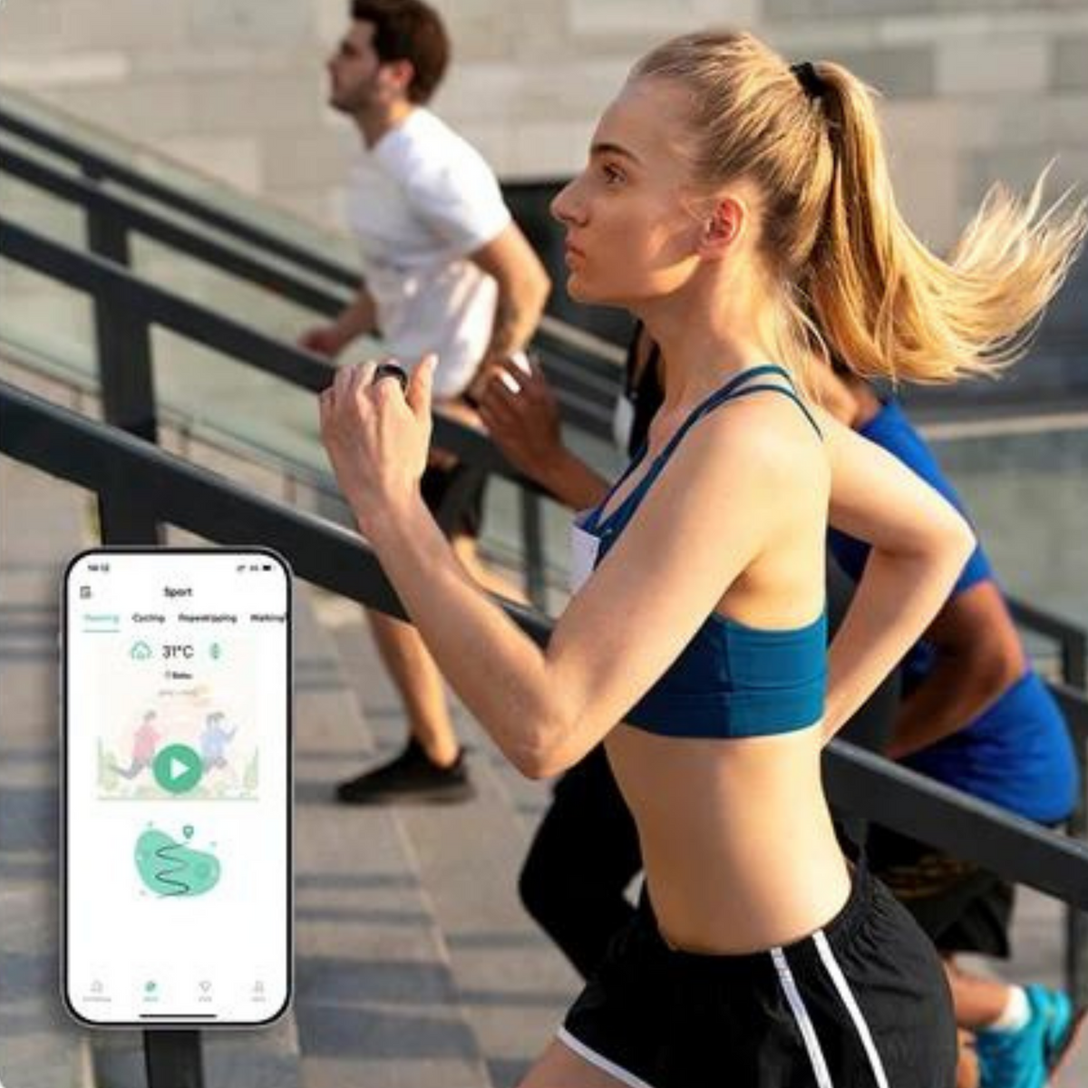 Woman running with the Blood Pressure Smart Ring and activity tracking – VitalityWatch